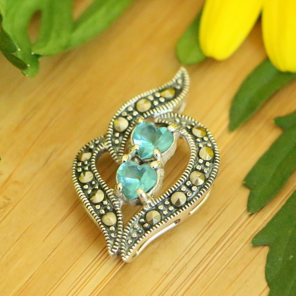 Teeda Jewelry - 925 sterling silver marcasite heart Aqua pendant